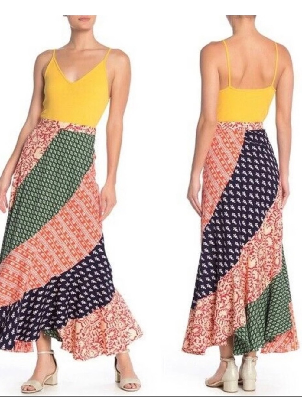 Free People Hidden Earth Patchwork Boho Hippie Festival Maxi Skirt